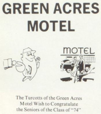 Green Acres Motel - 1974 Newberry High School Yearbook Ad (newer photo)